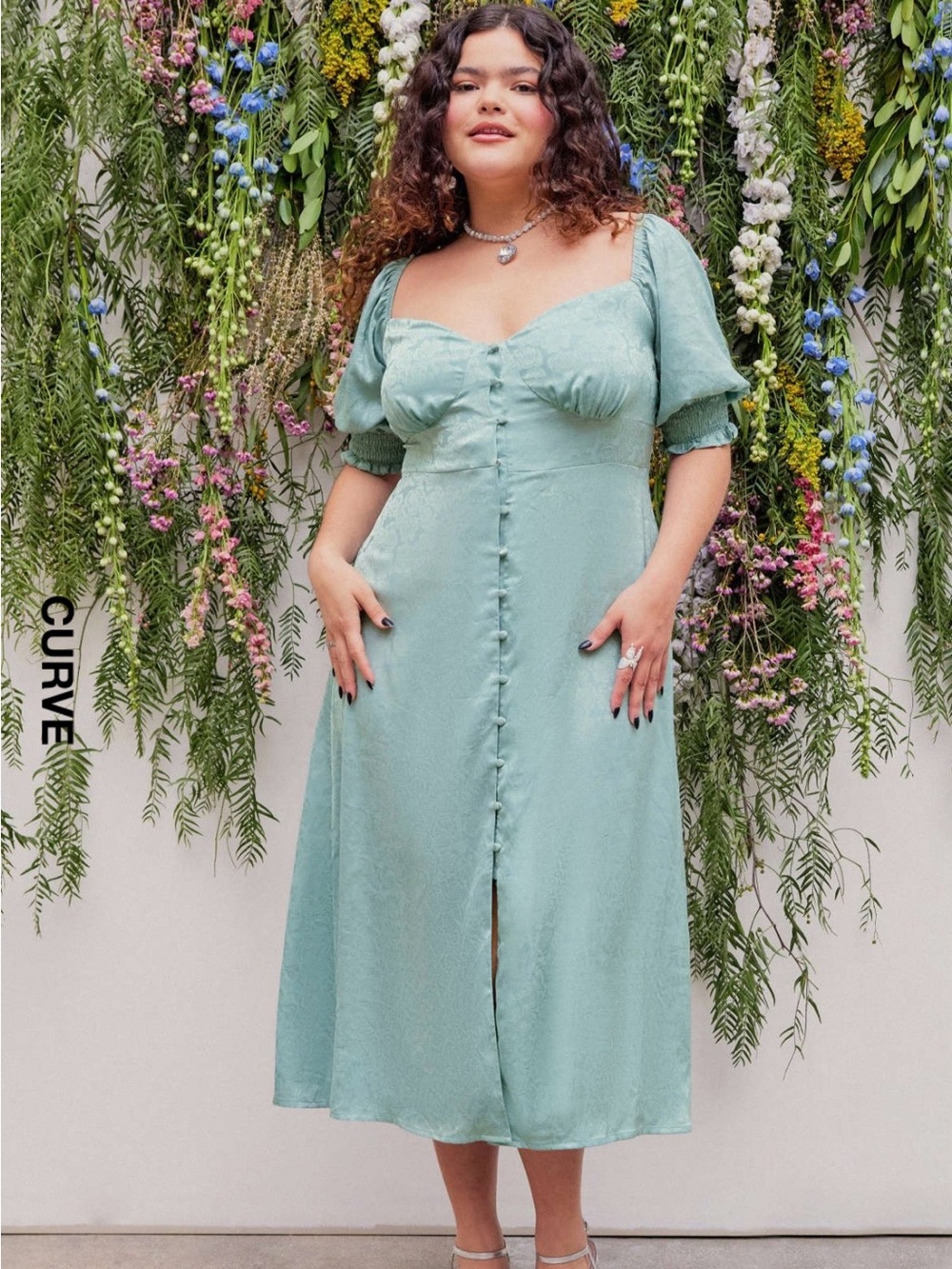 Cider Sage Green Button-Front Midi Dress with Puff Sleeves